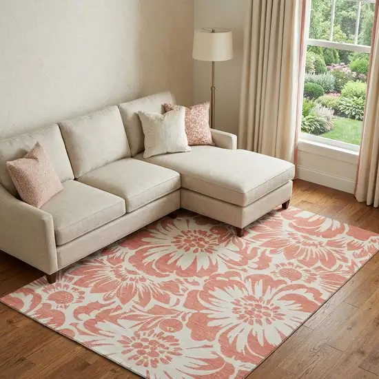 Salmon And Ivory Floral Washable Area Rug With UV Protection Photo 1