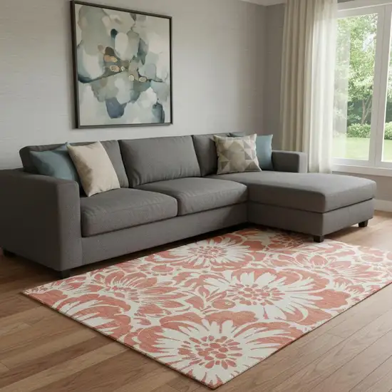 Salmon And Ivory Floral Washable Area Rug With UV Protection Photo 1