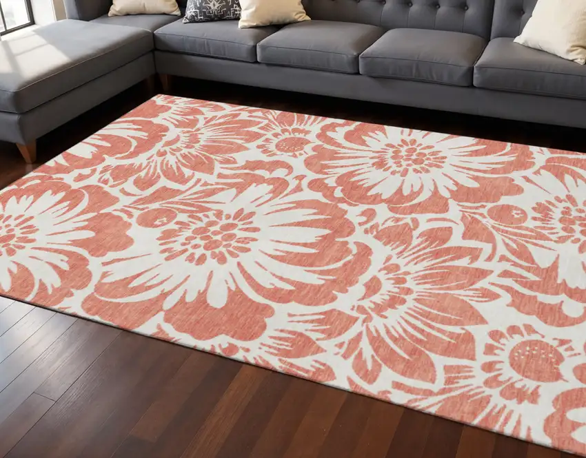 Salmon And Ivory Floral Washable Area Rug With UV Protection Photo 2
