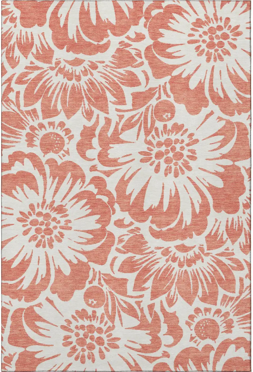 Salmon And Ivory Floral Washable Area Rug With UV Protection Photo 4