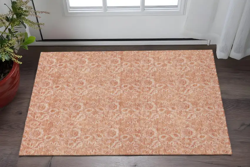 Salmon And Ivory Floral Washable Area Rug With UV Protection Photo 2