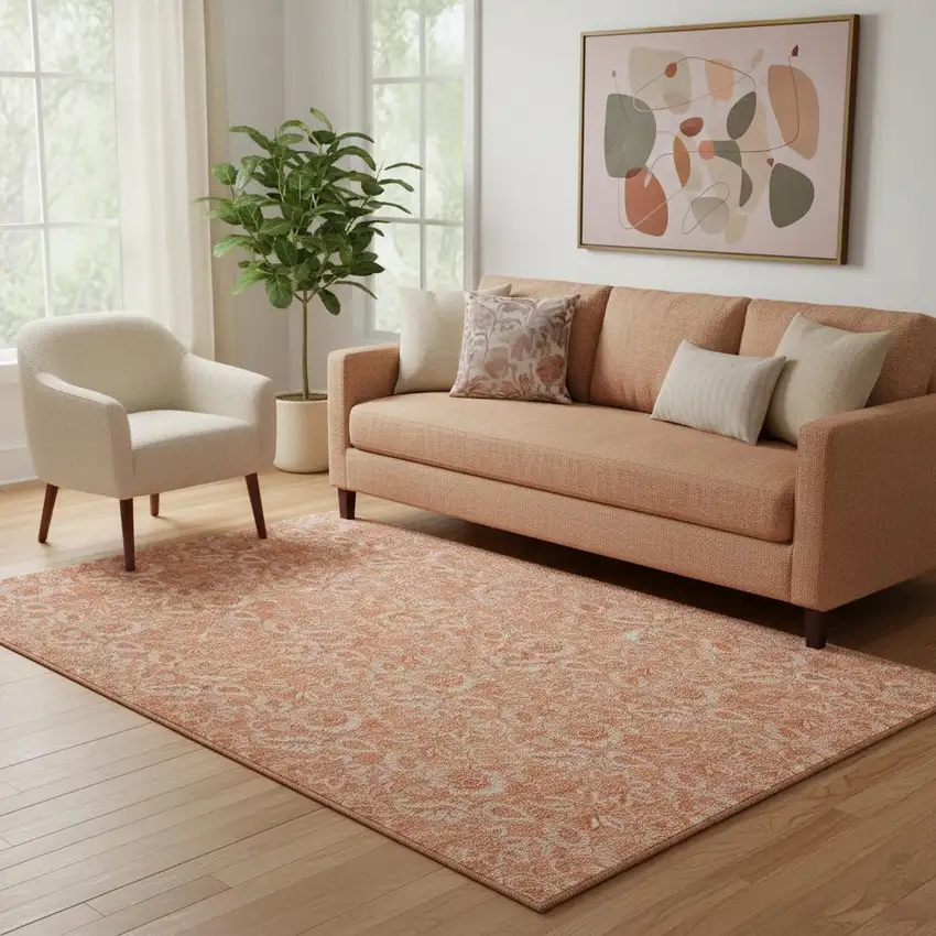 Salmon And Ivory Floral Washable Area Rug With UV Protection Photo 1