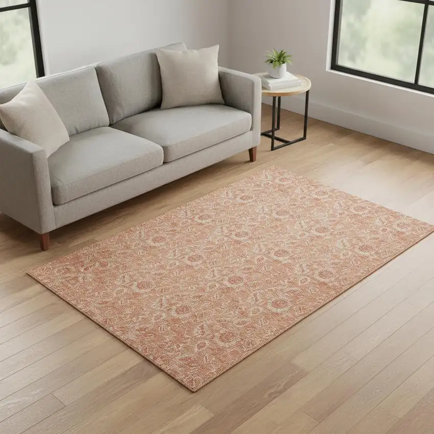 Salmon And Ivory Floral Washable Area Rug With UV Protection Photo 1