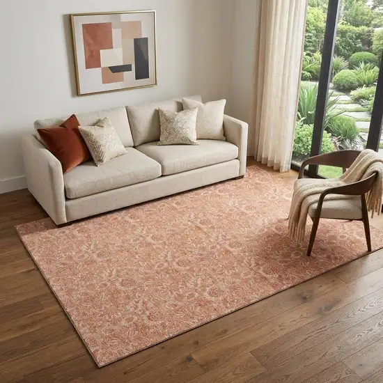 Salmon And Ivory Floral Washable Area Rug With UV Protection Photo 1