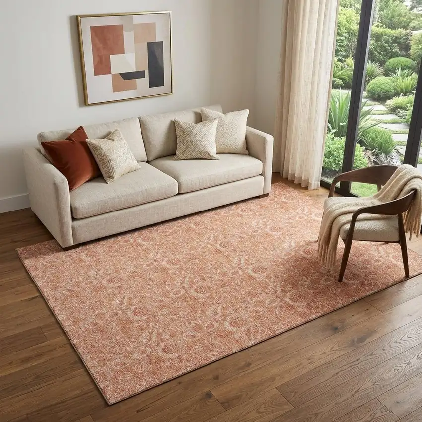 Salmon And Ivory Floral Washable Area Rug With UV Protection Photo 1