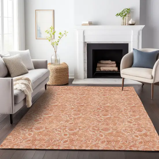 Salmon And Ivory Floral Washable Area Rug With UV Protection Photo 4