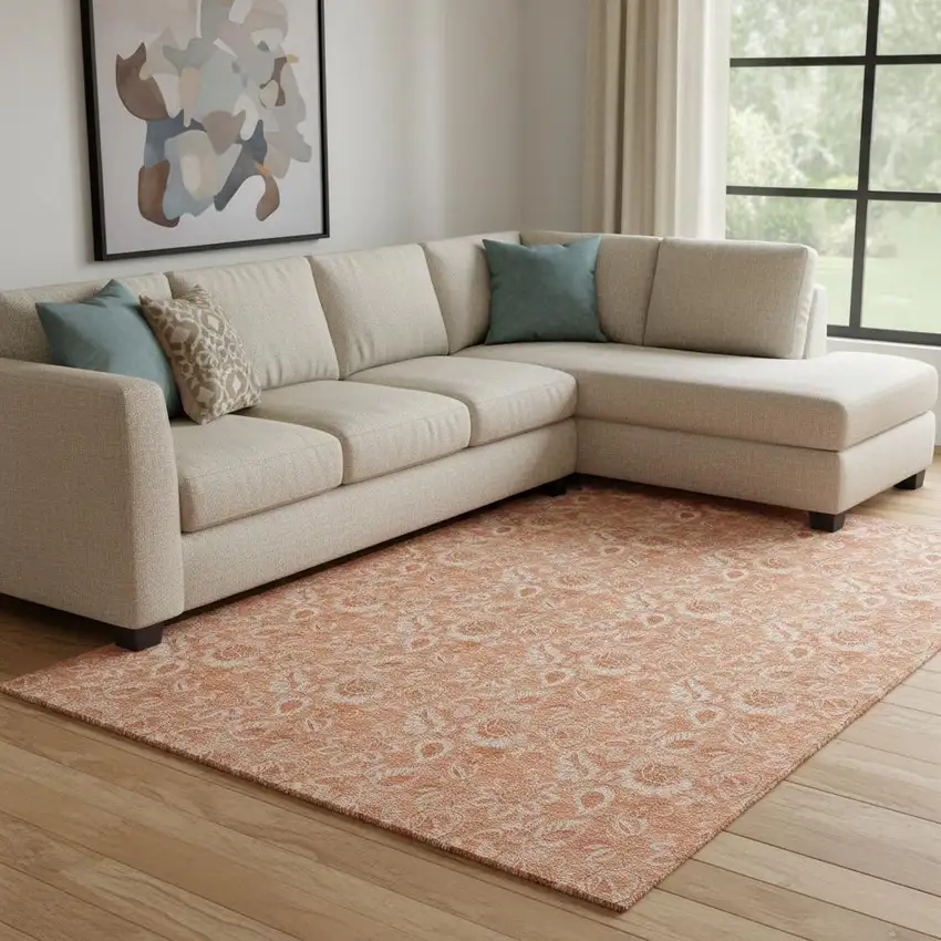 Salmon And Ivory Floral Washable Area Rug With UV Protection Photo 1