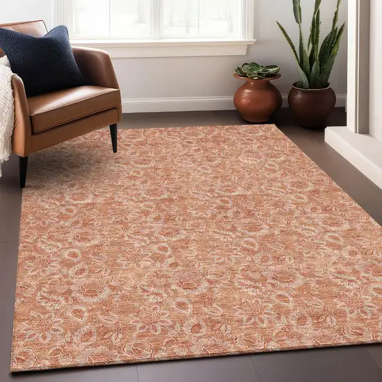 Salmon And Ivory Floral Washable Area Rug With UV Protection Photo 5