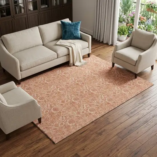 Salmon And Ivory Floral Washable Area Rug With UV Protection Photo 1