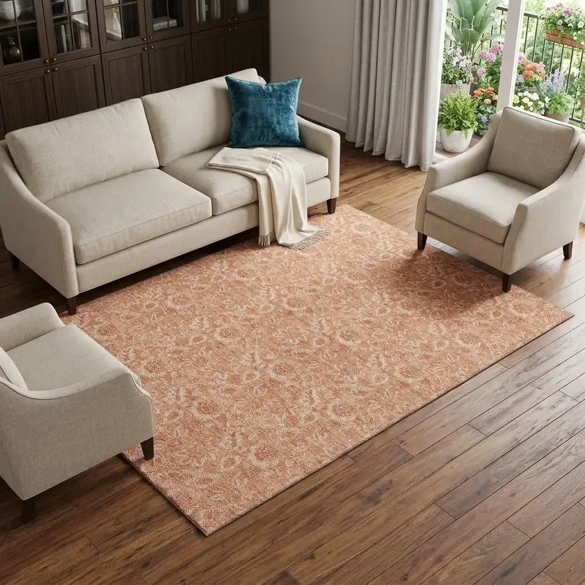 Salmon And Ivory Floral Washable Area Rug With UV Protection Photo 1