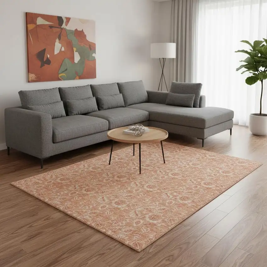 Salmon And Ivory Floral Washable Area Rug With UV Protection Photo 1