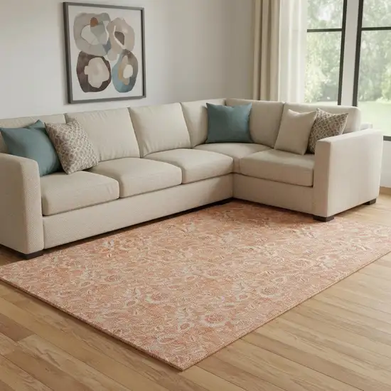 Salmon And Ivory Floral Washable Area Rug With UV Protection Photo 1