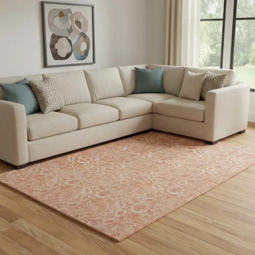 Salmon And Ivory Floral Washable Area Rug With UV Protection Photo 1