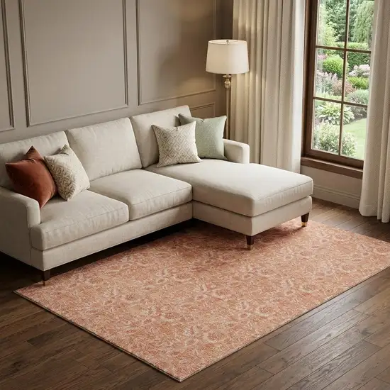 Salmon And Ivory Floral Washable Area Rug With UV Protection Photo 1