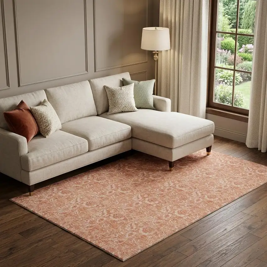 Salmon And Ivory Floral Washable Area Rug With UV Protection Photo 1
