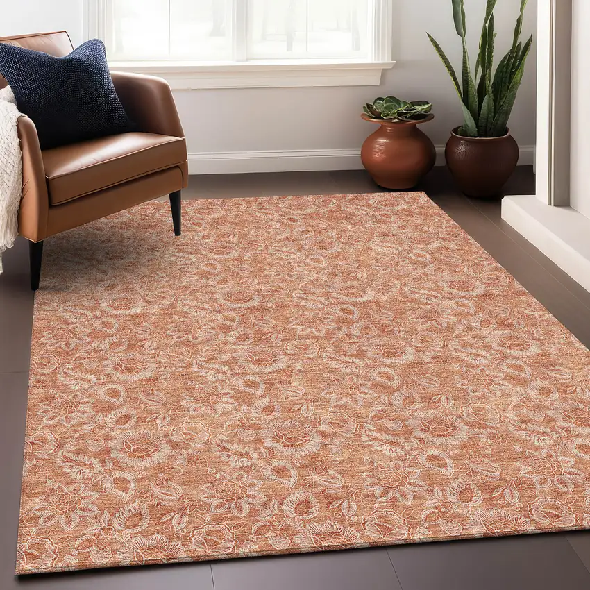 Salmon And Ivory Floral Washable Area Rug With UV Protection Photo 6