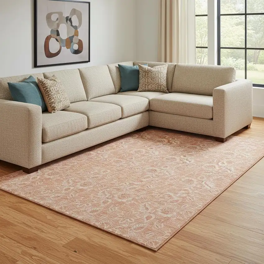 Salmon And Ivory Floral Washable Area Rug With UV Protection Photo 1