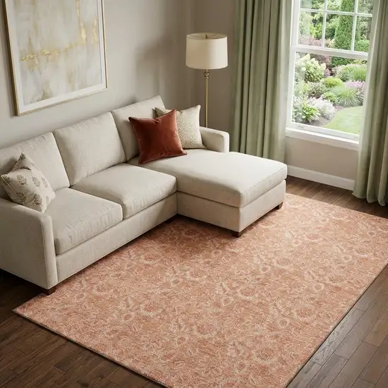 Salmon And Ivory Floral Washable Area Rug With UV Protection Photo 1