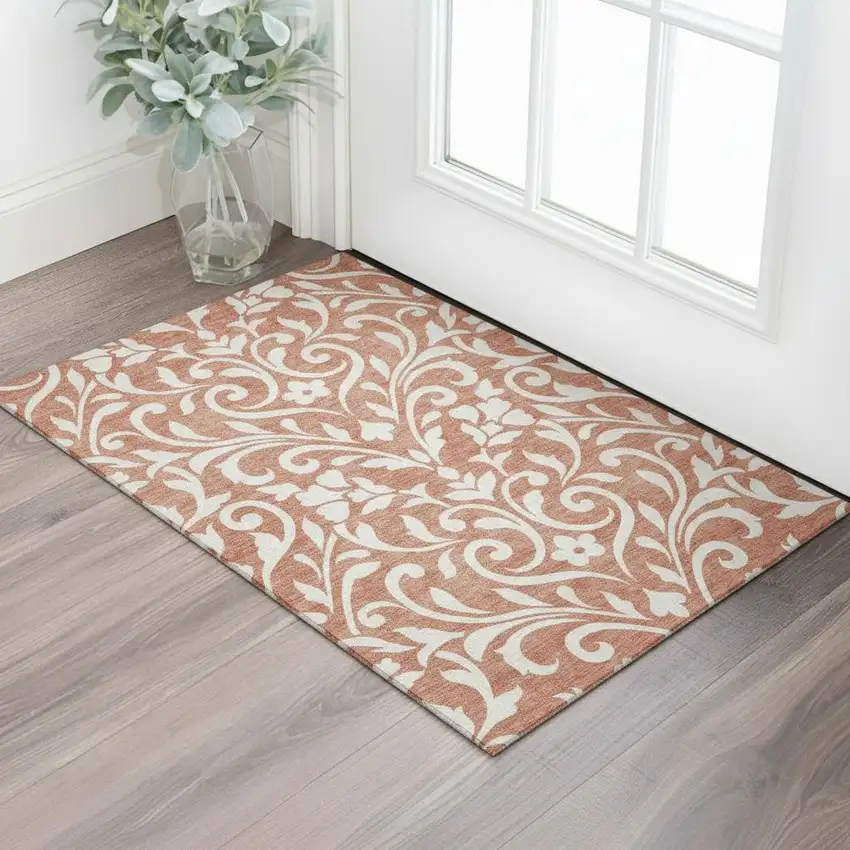 Salmon And Ivory Floral Washable Area Rug With UV Protection Photo 1