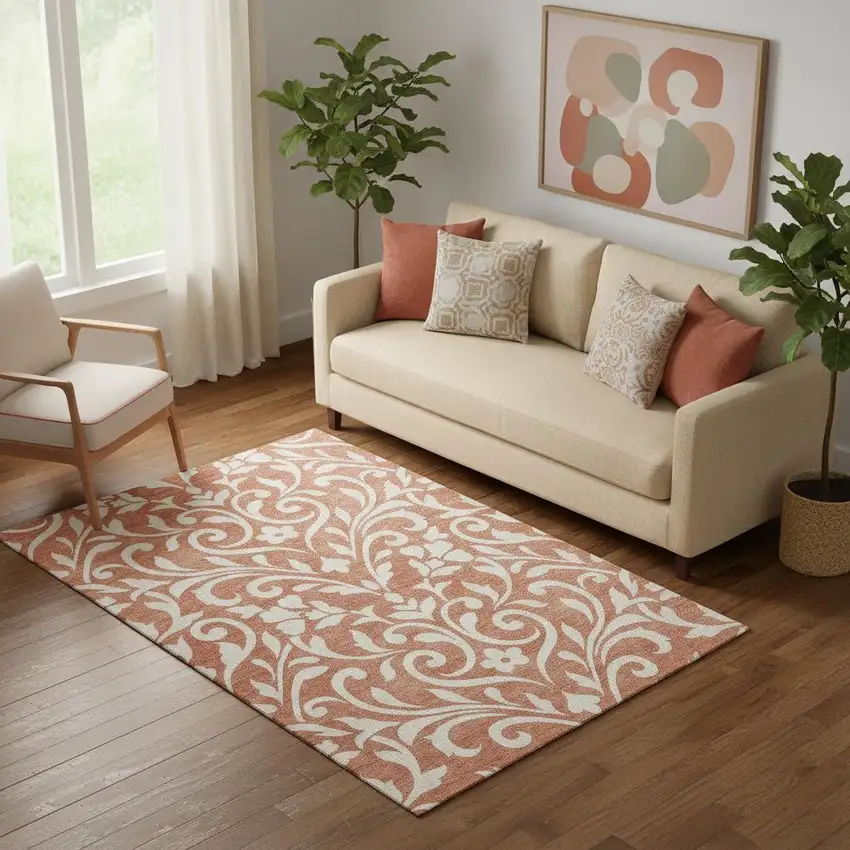 Salmon And Ivory Floral Washable Area Rug With UV Protection Photo 1