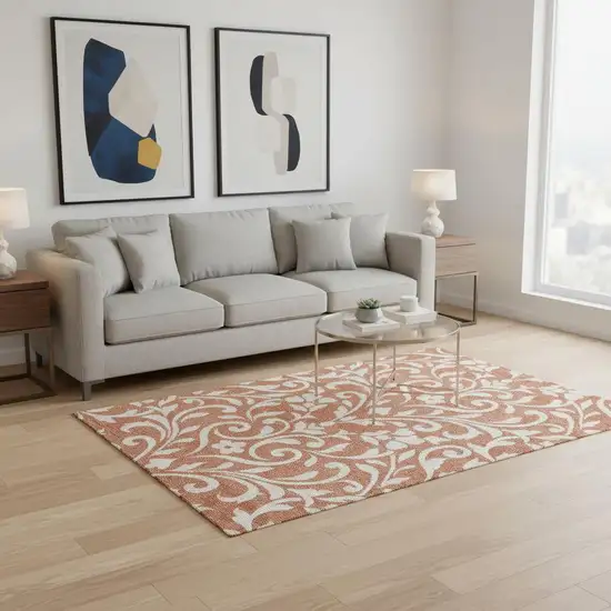 Salmon And Ivory Floral Washable Area Rug With UV Protection Photo 2