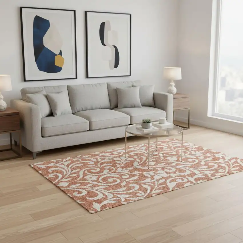 Salmon And Ivory Floral Washable Area Rug With UV Protection Photo 2