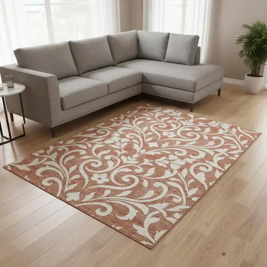 Salmon And Ivory Floral Washable Area Rug With UV Protection Photo 2