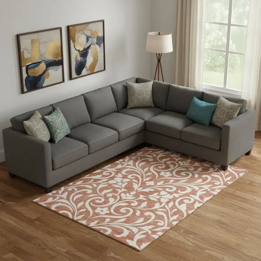 Salmon And Ivory Floral Washable Area Rug With UV Protection Photo 1