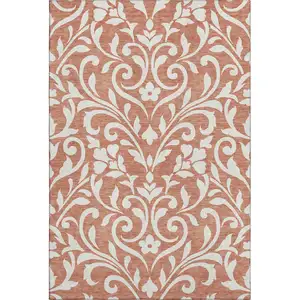 Photo of Salmon And Ivory Floral Washable Area Rug With UV Protection