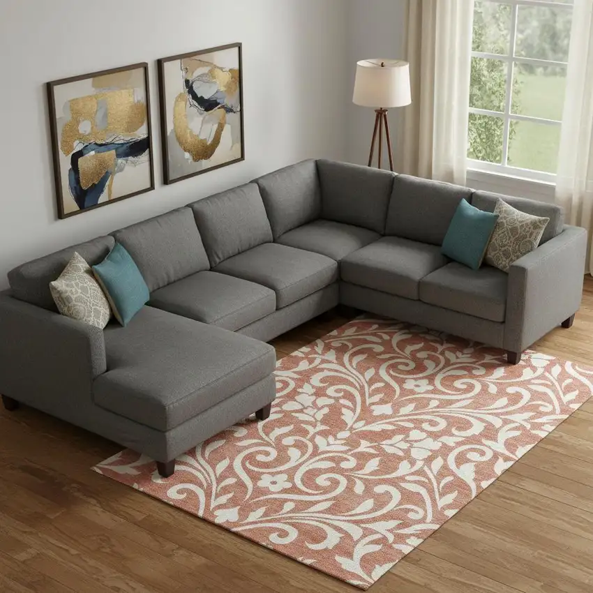 Salmon And Ivory Floral Washable Area Rug With UV Protection Photo 1