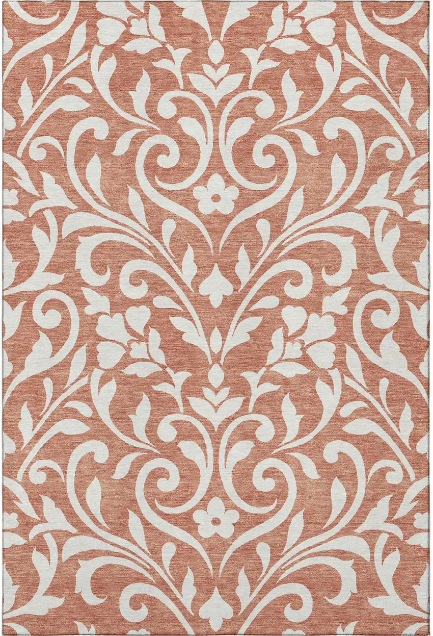 Salmon And Ivory Floral Washable Area Rug With UV Protection Photo 4