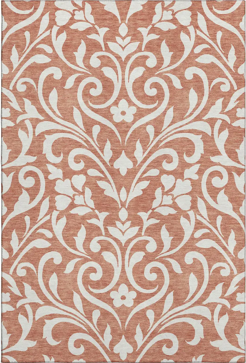 Salmon And Ivory Floral Washable Area Rug With UV Protection Photo 1