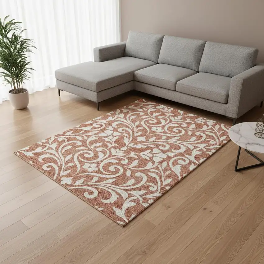 Salmon And Ivory Floral Washable Area Rug With UV Protection Photo 2