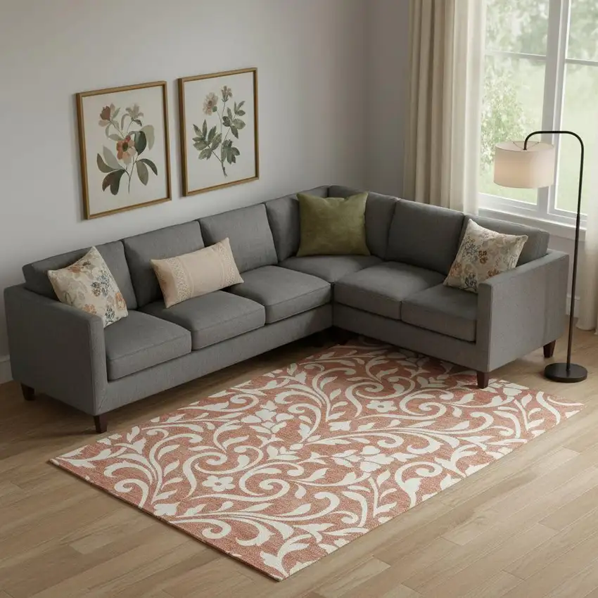 Salmon And Ivory Floral Washable Area Rug With UV Protection Photo 1