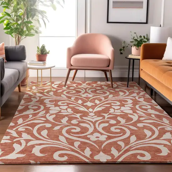 Salmon And Ivory Floral Washable Area Rug With UV Protection Photo 5