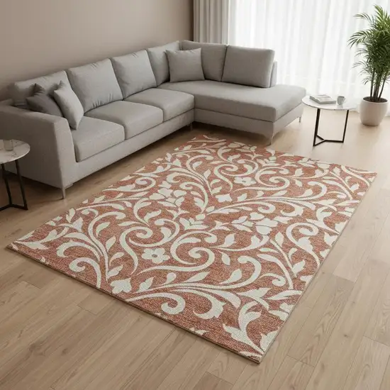 Salmon And Ivory Floral Washable Area Rug With UV Protection Photo 2