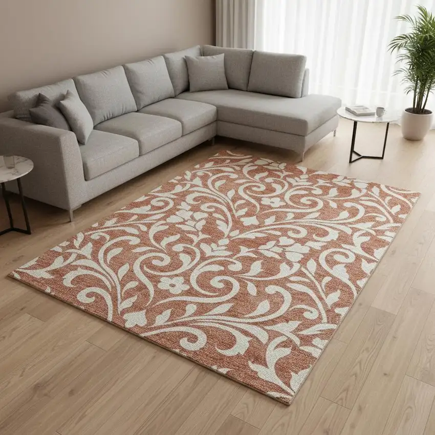 Salmon And Ivory Floral Washable Area Rug With UV Protection Photo 2