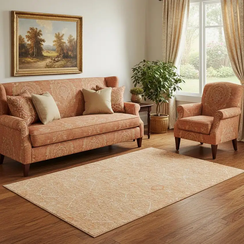 Salmon And Ivory Floral Washable Area Rug With UV Protection Photo 2