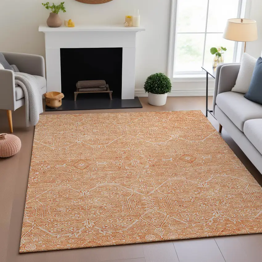 Salmon And Ivory Floral Washable Area Rug With UV Protection Photo 5