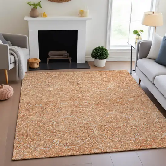 Salmon And Ivory Floral Washable Area Rug With UV Protection Photo 4