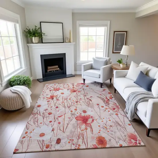 Salmon And Ivory Floral Washable Area Rug With UV Protection Photo 4