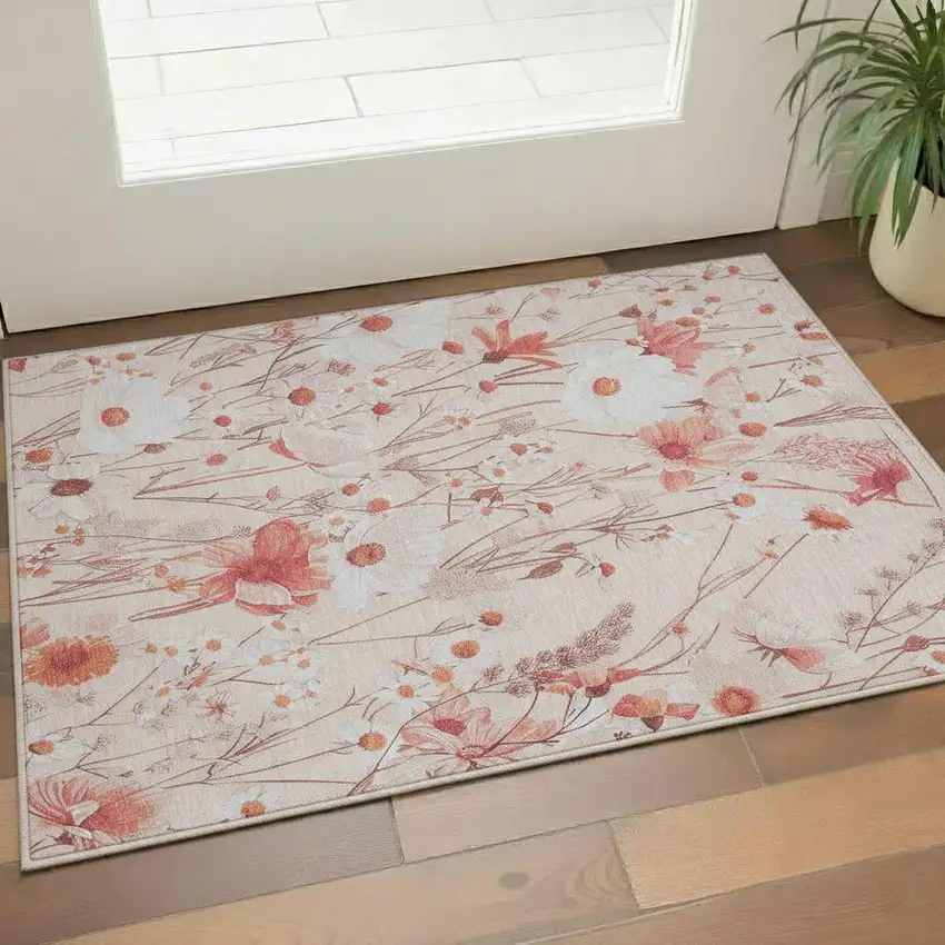 Salmon And Ivory Floral Washable Area Rug With UV Protection Photo 2