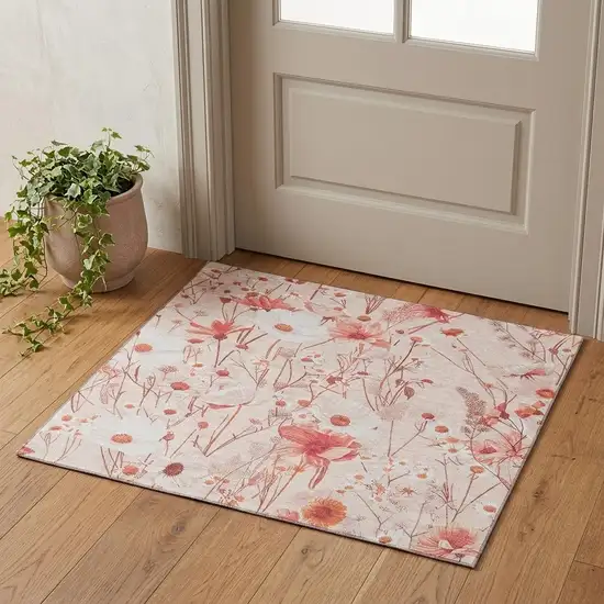 Salmon And Ivory Floral Washable Area Rug With UV Protection Photo 1