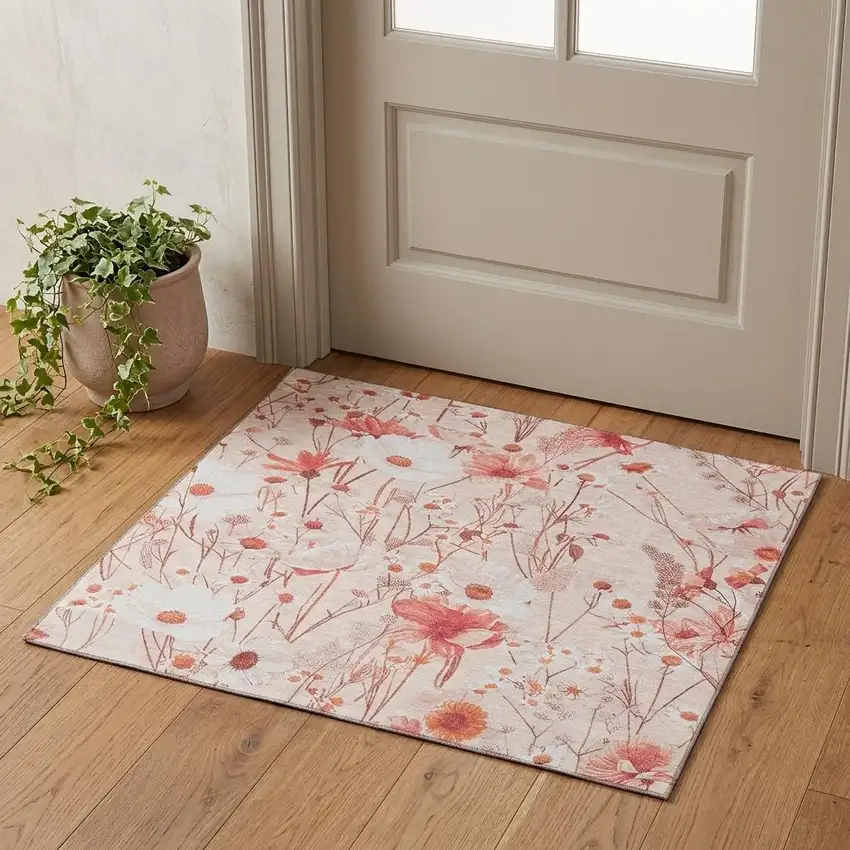 Salmon And Ivory Floral Washable Area Rug With UV Protection Photo 1