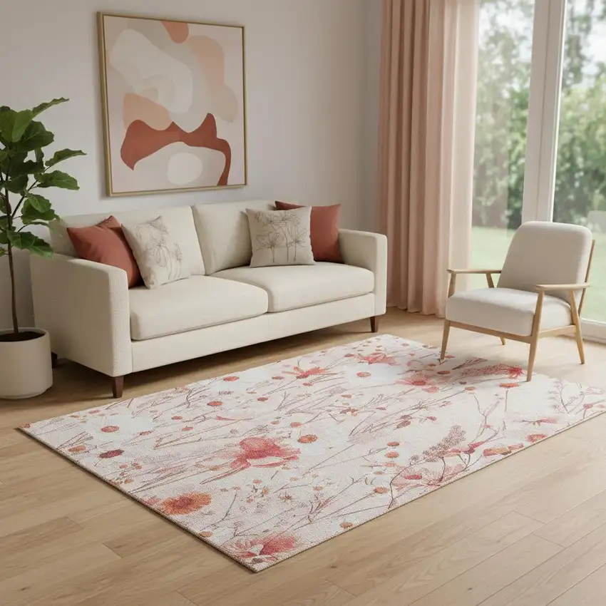 Salmon And Ivory Floral Washable Area Rug With UV Protection Photo 2