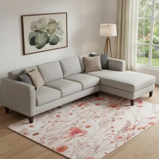 Salmon And Ivory Floral Washable Area Rug With UV Protection Photo 2