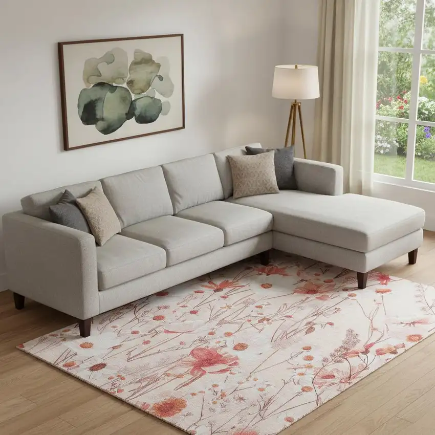 Salmon And Ivory Floral Washable Area Rug With UV Protection Photo 2