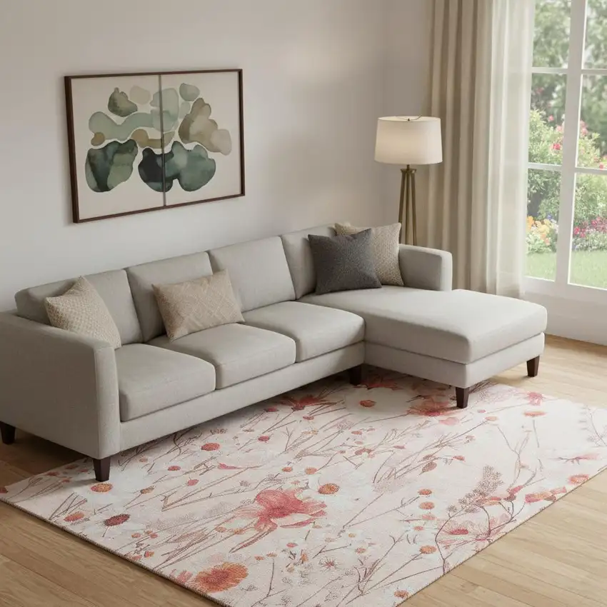 Salmon And Ivory Floral Washable Area Rug With UV Protection Photo 2
