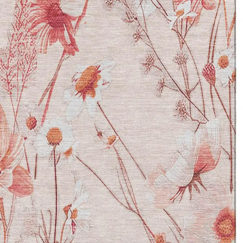 Salmon And Ivory Floral Washable Area Rug With UV Protection Photo 2