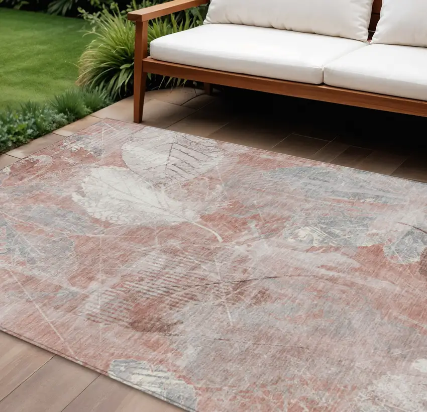 Salmon And Ivory Floral Washable Indoor Outdoor Area Rug Photo 2